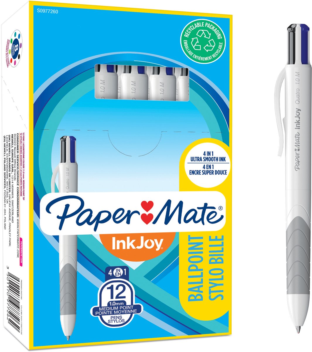 Paper mate inkjoy quatro-balpen met 4 kleuren | zakelijke kleuren | medium punt (1,0 mm) | 12 stuks