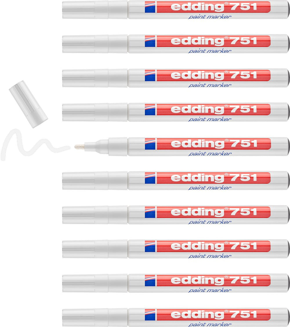 Edding 751 lakmarker wit - hittebestendig tot 1000 °c - ronde punt 1-2 mm - doosje van 10 stuks - verfstift voor markeren en labelen van metaal, glass, steen of plastic - permanent, veegvast en watervast