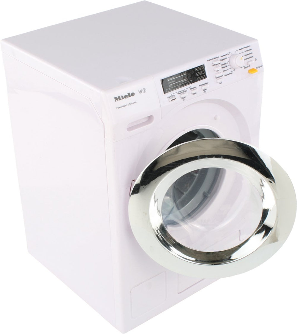 Klein toys miele wasmachine - 18,5x26x18 cm - incl. roterende trommel, watertoevoer, waterafvoer en geluidseffecten - wit