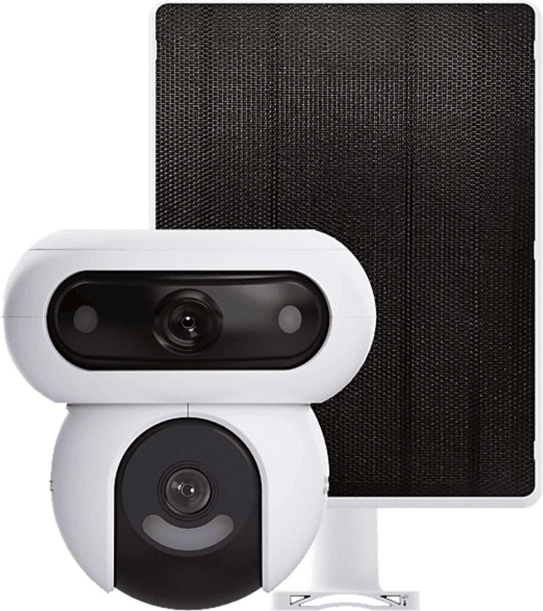 Ezviz hb90+8w zonnepaneel 4mp+4mp dubbele lenzen 360° beveiligingscamera voor buiten wifi draadloos met 10400mah batterij, altijd-aan videomodus, personen- voertuigdetectie, automatische volgfunctie - geen maandkosten