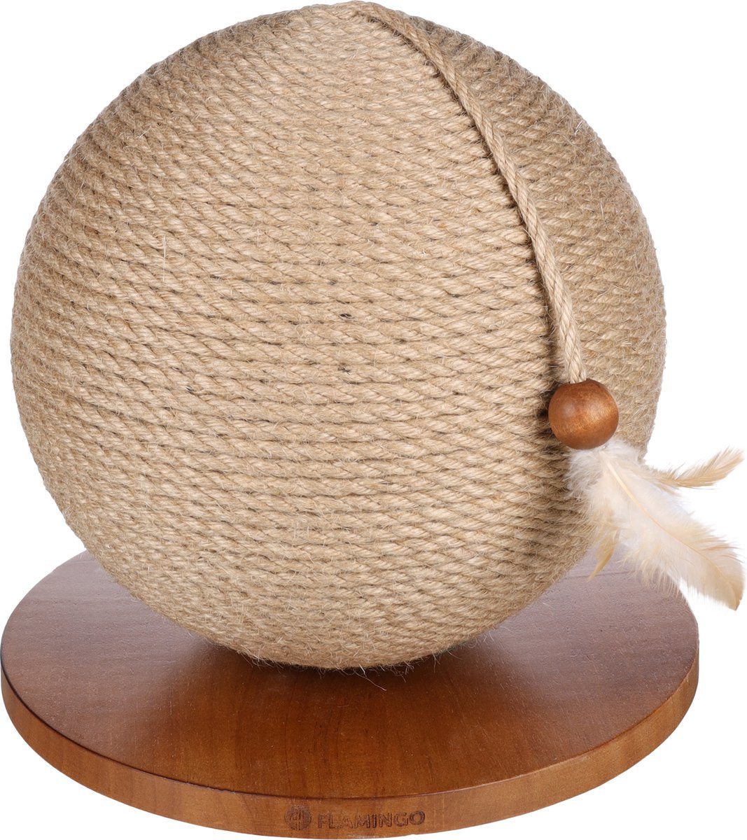 Flamingo kattenspeelgoed - kattenspeelbal krabbal estrella bruin ø 29 cm – interactieve speelbal met jute krabtouw en veer – stijlvol duurzaam krabspeelgoed voor katten