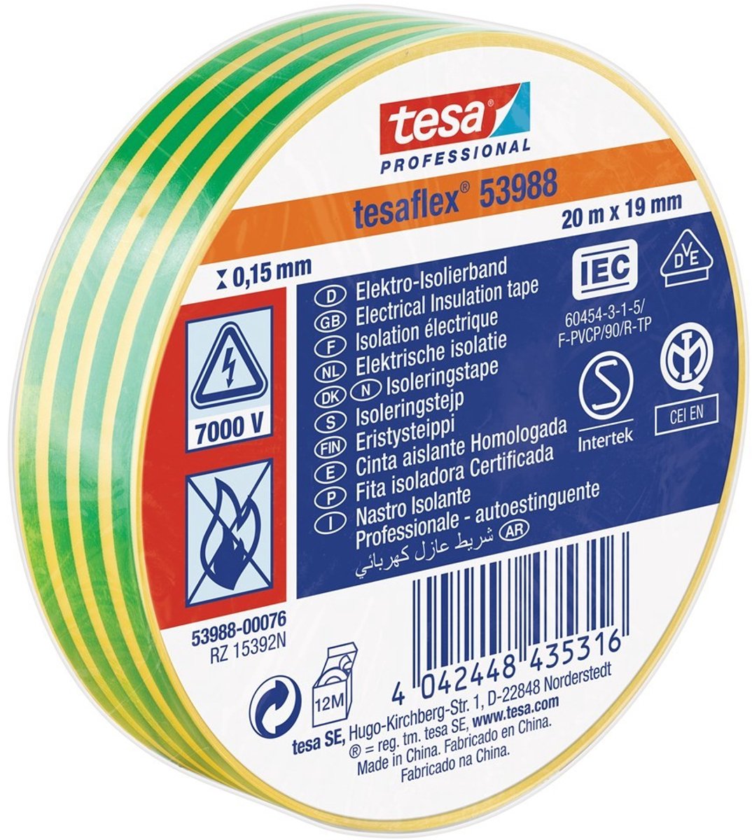 Tesa professional tesa isolatietape 19mm - 20 meter - groen geel