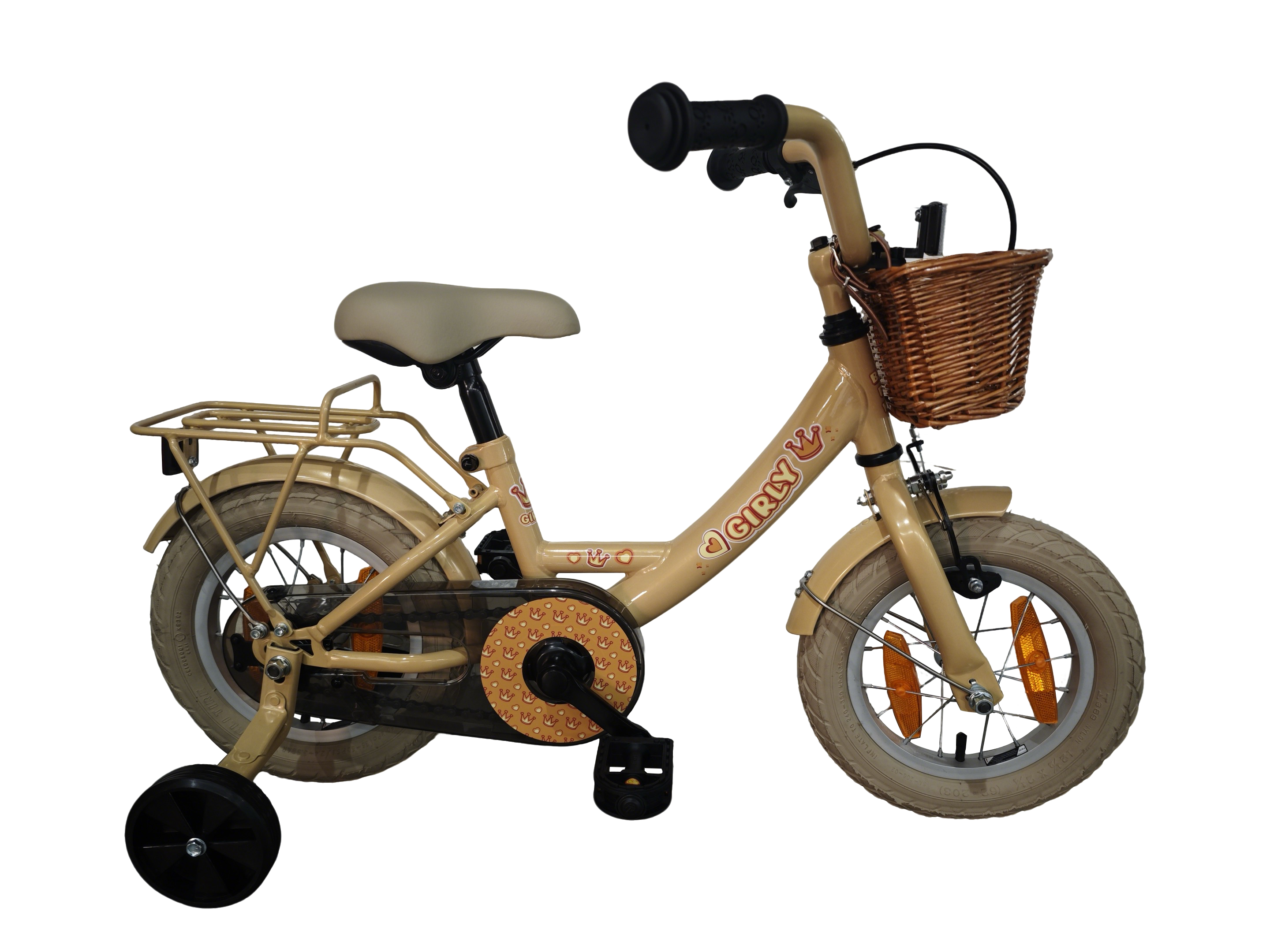 Bikefun kinderfiets girly 12 inch - met mandje, zijwieltjes en remnaaf - goud