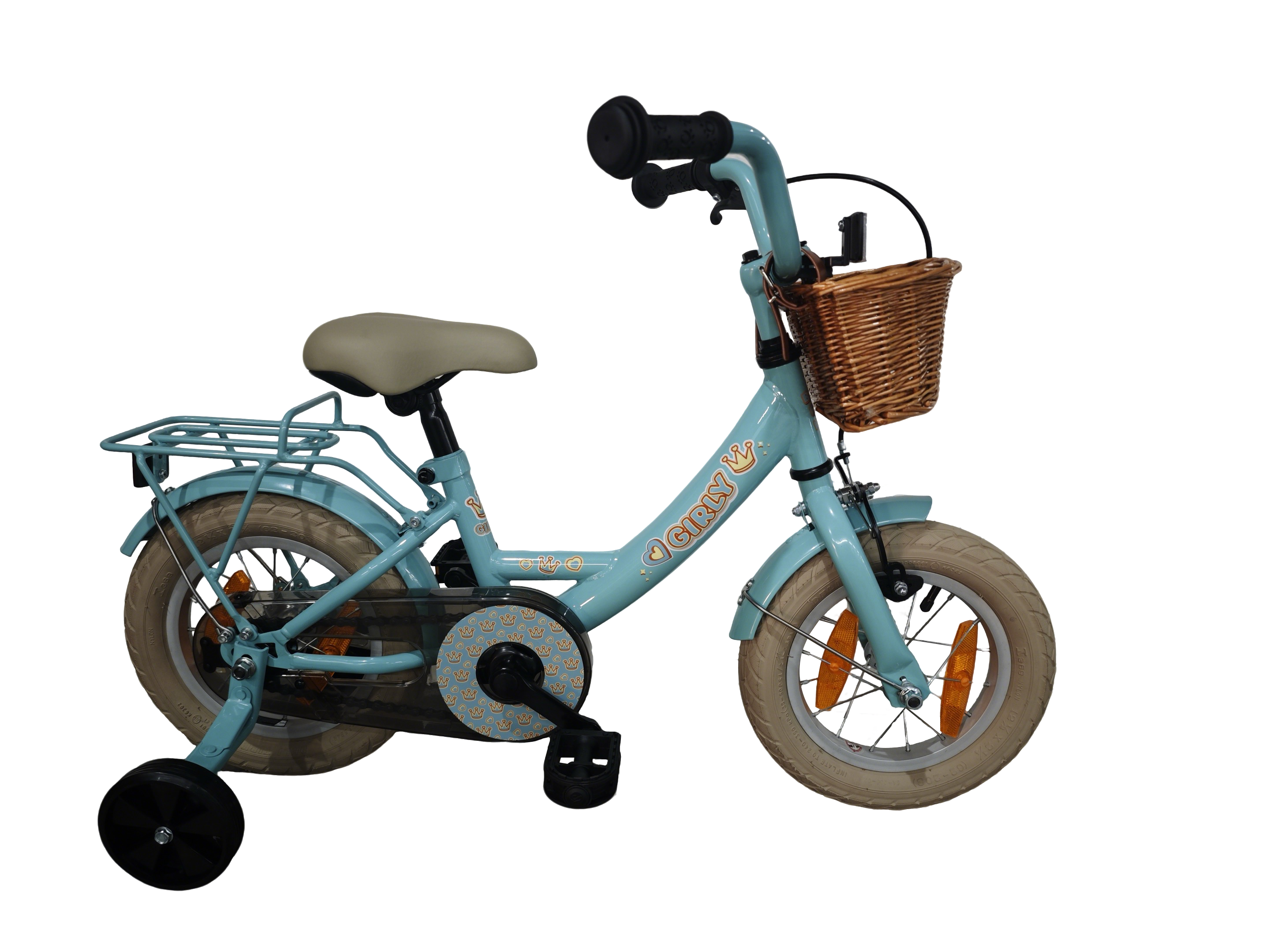 Bikefun kinderfiets girly 12 inch - met mandje, zijwieltjes en remnaaf - blauw