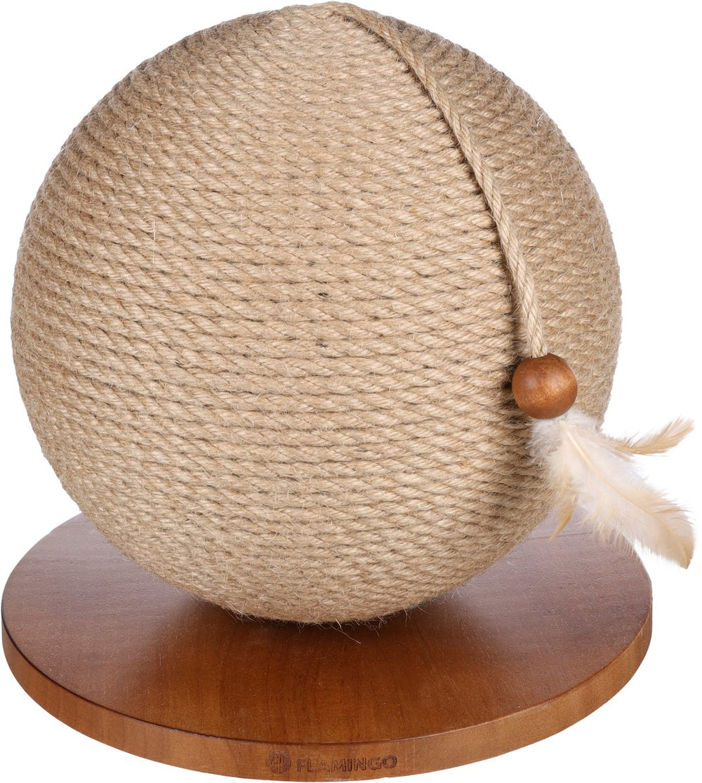 Flamingo kattenspeelgoed - kattenspeelbal krabbal estrella bruin ø 29 cm – interactieve speelbal met jute krabtouw en veer – stijlvol duurzaam krabspeelgoed voor katten