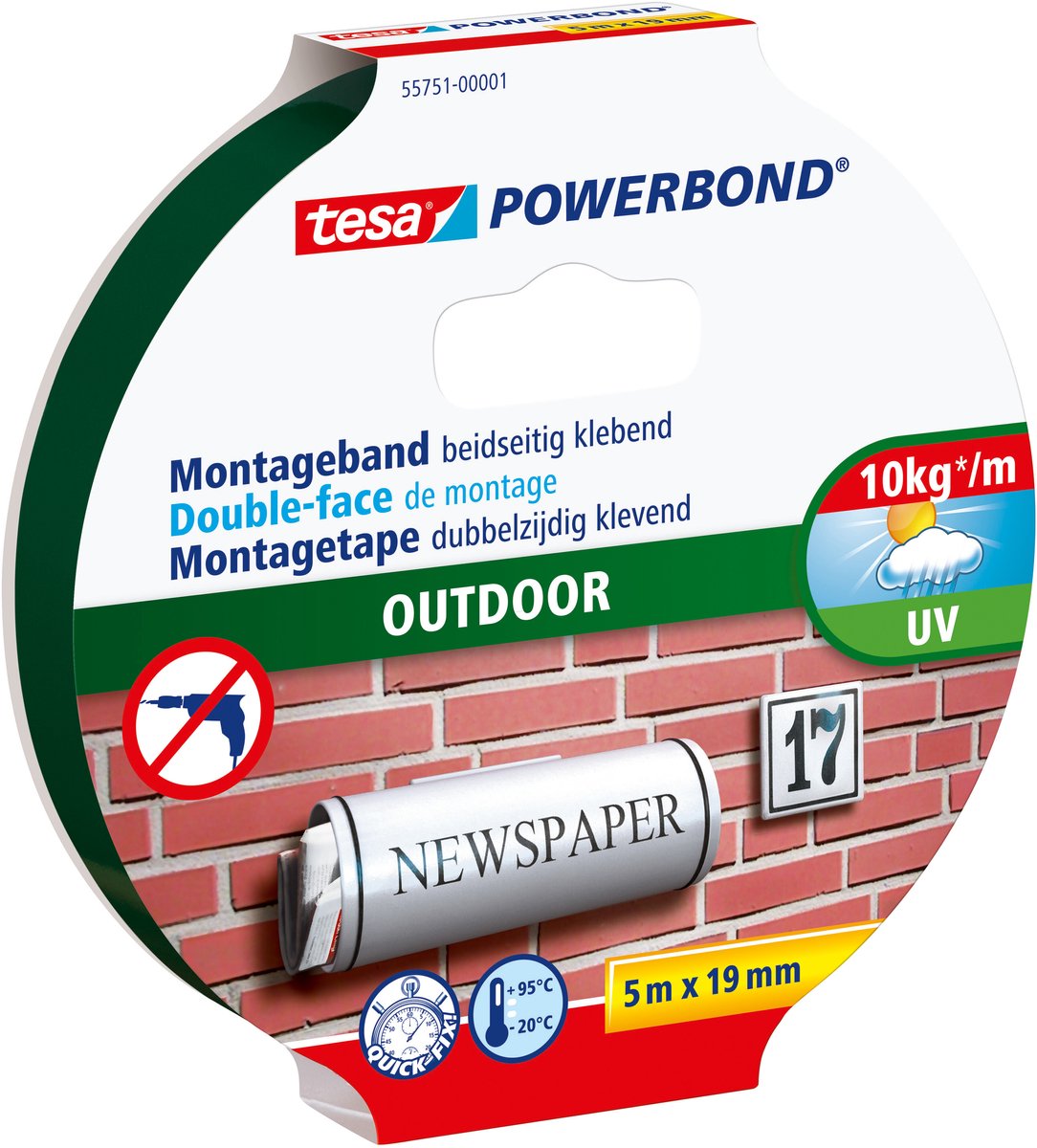 Tesa powerbond outdoor dubbelzijdig klevende montagetape, 5m:19mm
