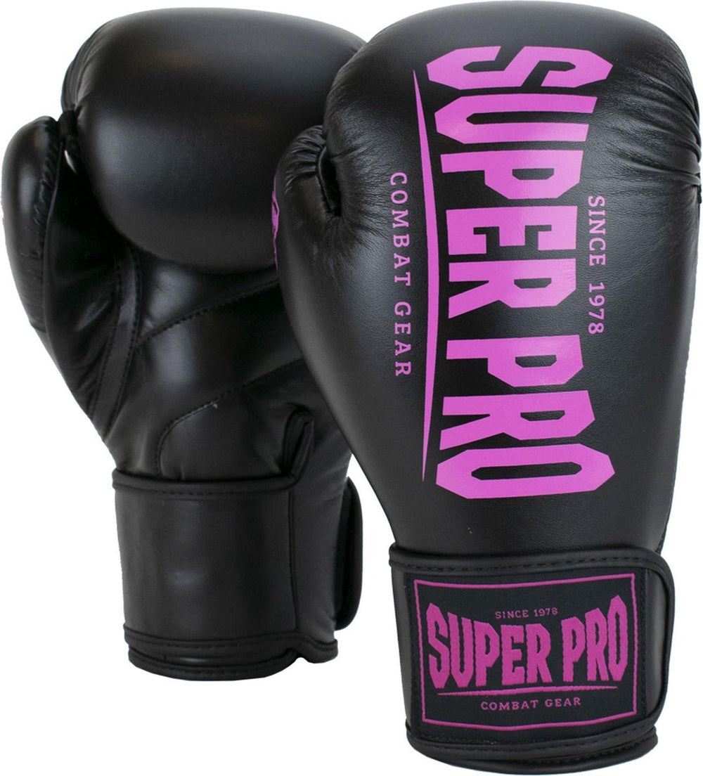 Super pro combat gear champ (kick)bokshandschoenen zwart roze 12oz