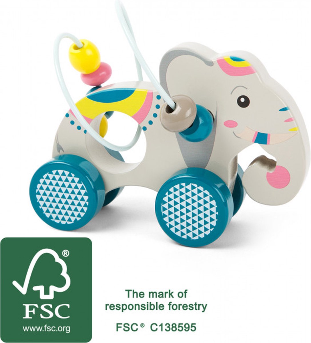 Small foot - Wooden push-along elephant with motor activity spiral