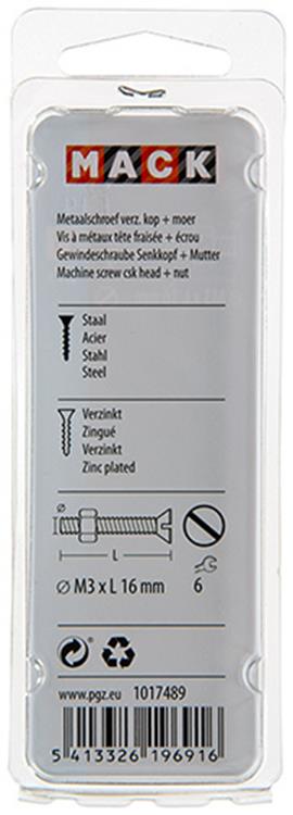 Mack 1017489 - metaalschroef verz. kop + moer verz. 27st m3 x 16 mm | 10 stuks