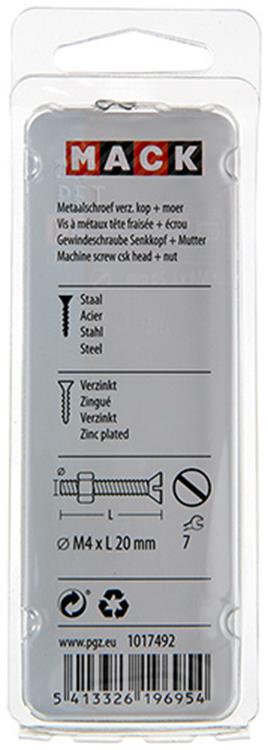 Mack 1017492 - metaalschroef verz. kop + moer verz. 18st m4 x 20 mm | 10 stuks