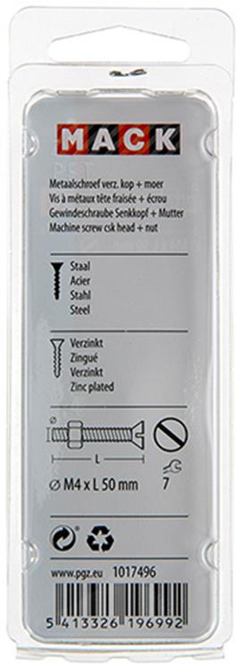 Mack 1017496 - metaalschroef verz. kop + moer verz. 9 st m4 x 50 mm | 10 stuks