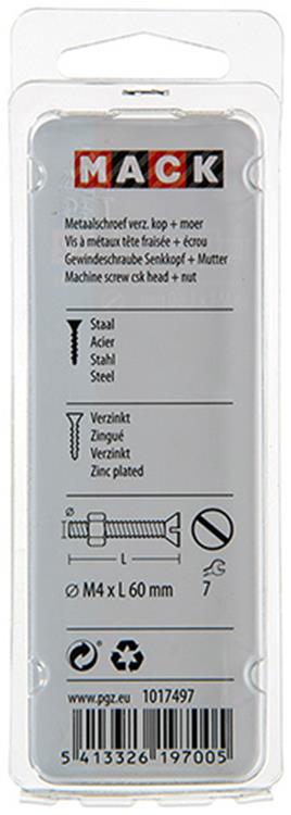 Mack 1017497 - metaalschroef verz. kop + moer verz. 6 st m4 x 60 mm | 10 stuks