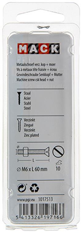 Mack 1017513 - metaalschroef verz. kop + moer verz. 5 st m6 x 60 mm | 10 stuks