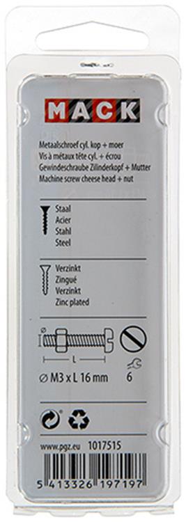 Mack 1017515 - metaalschroef cyl. kop + moer verz. 27 st m3 x 16 mm | 10 stuks