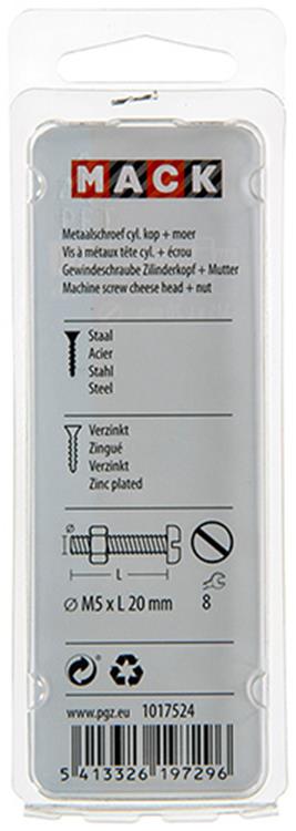 Mack 1017524 - metaalschroef cyl. kop + moer verz. 15 st m5 x 20 mm | 10 stuks