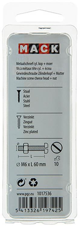 Mack 1017536 - metaalschroef cyl. kop + moer verz. 4 st m6 x 60 mm | 10 stuks