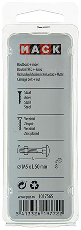 Mack 1017565 - houtbout + moer staal verzinkt8 st m5 x 50 mm | 5 stuks