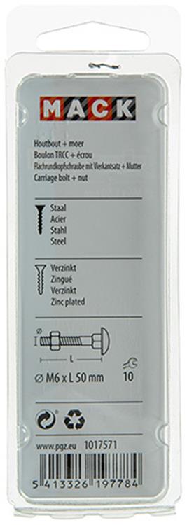 Mack 1017571 - houtbout + moer staal verzinkt7 st m6 x 50 mm | 5 stuks