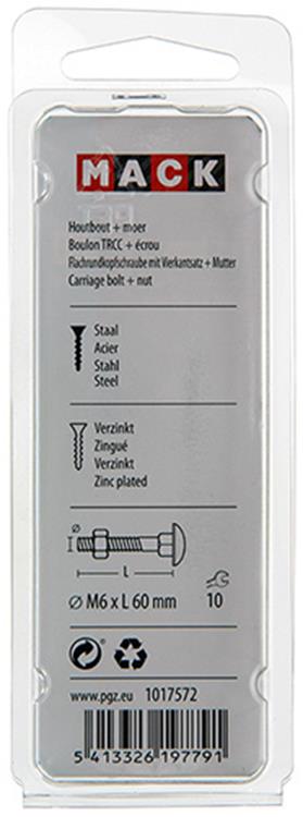Mack 1017572 - houtbout + moer staal verzinkt6 st m6 x 60 mm | 5 stuks