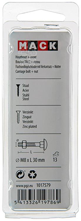 Mack 1017579 - houtbout + moer staal verzinkt6 st m8 x 30 mm | 5 stuks