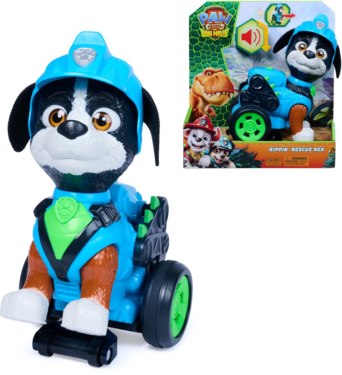 Paw patrol - de dino film - rippin rescue rex, terugtrek-actiefiguur van 20,3 cm met geluid en geactiveerde stunts