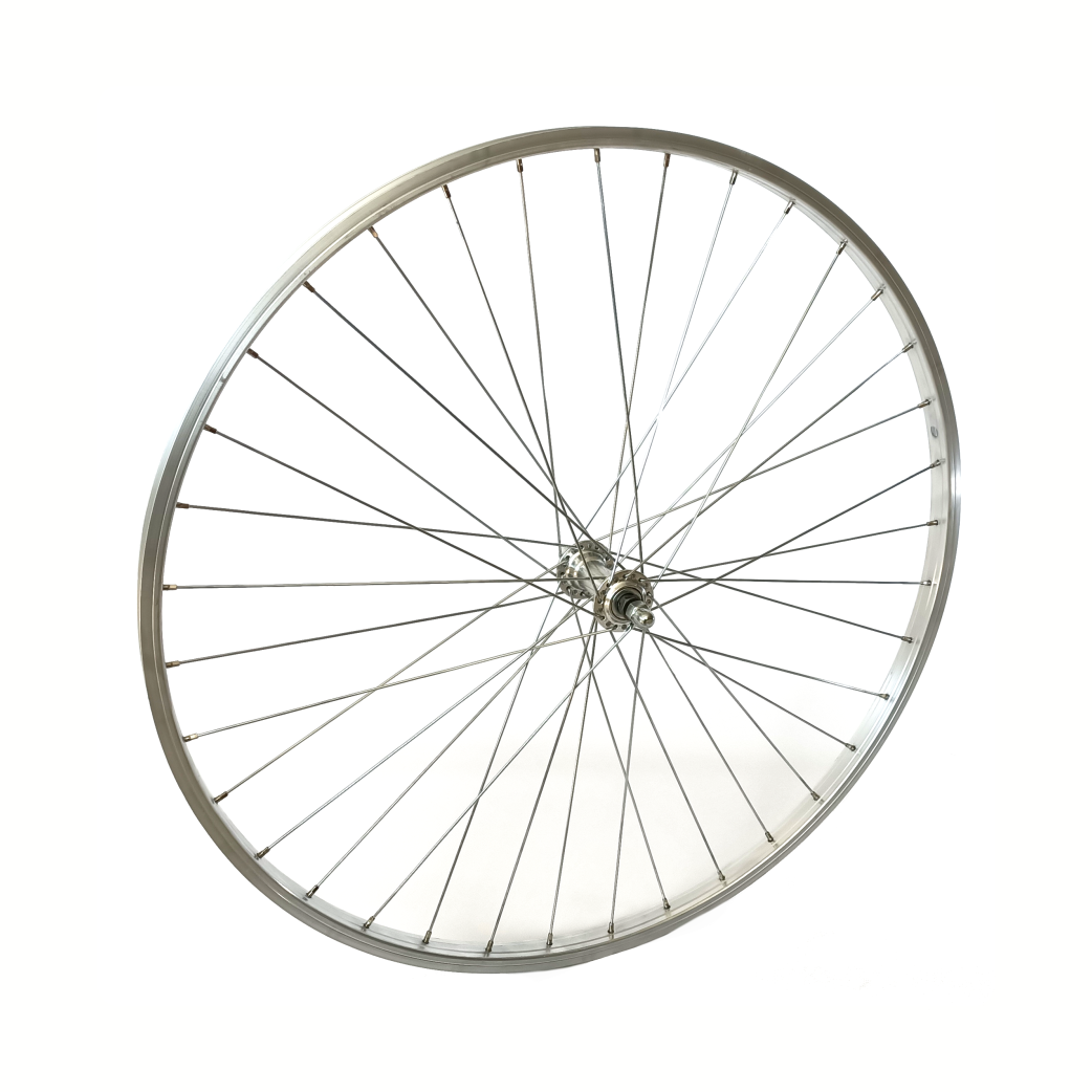 Voorwiel 28x1 5 8x1 3 8 aluminium velg, zilver. uitgestrekt als