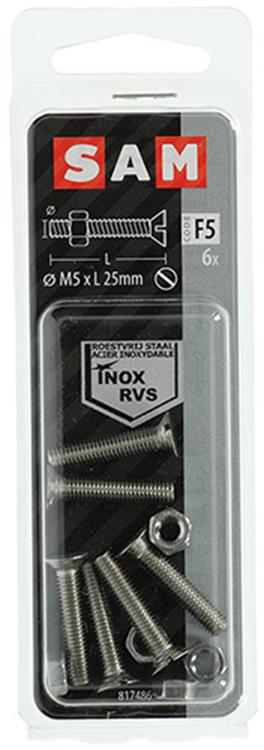 Mack 1019811 - metaalschroef verz. kop + moer rvs 6 st m5x25 | 10 stuks