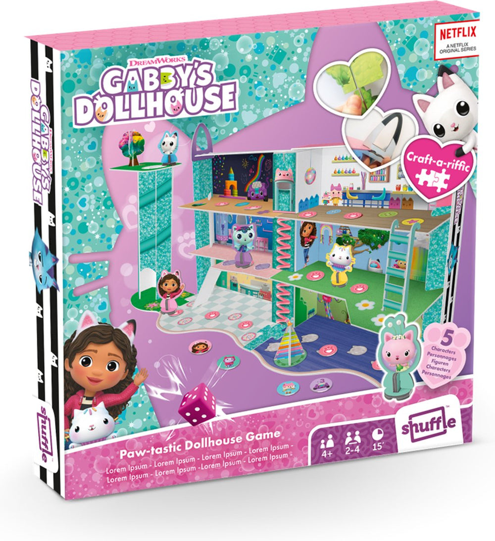 Shuffle ® gabby's poppenhuis: cat-tastic dollhouse game - maak een spelbord van de doos - gabby's poppenhuis bordspel met bouwstukken