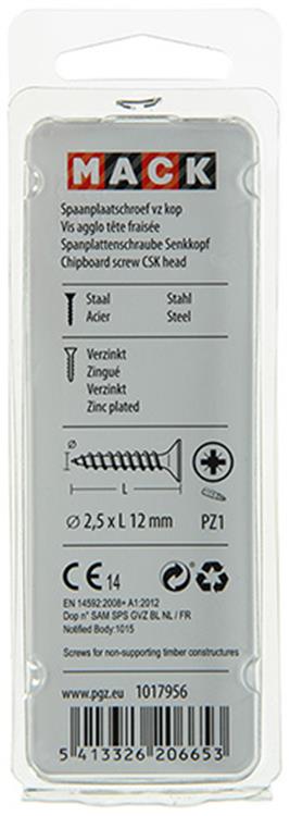 Mack 1017956 - spaanplaatschroef vz kop geelverz.200st 2,5 x 12 mm | 10 stuks