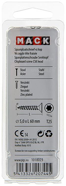 Mack 1018023 - spaanplschr.vzkop-zelfb. geelverz. 20 st 5,0 x 60 mm | 5 stuks