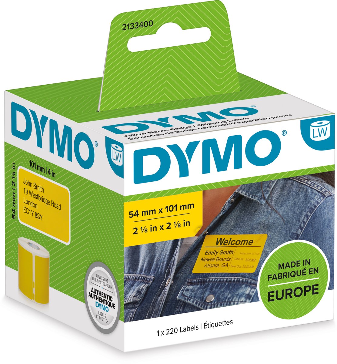 Dymo originele labelwriter grote verzendlabels naamkaarten | 54 mm x 101 mm | zwart op geel | rol van 220 zelfklevende etiketten | geschikt voor de labelwriter labelprinters | gemaakt in europa