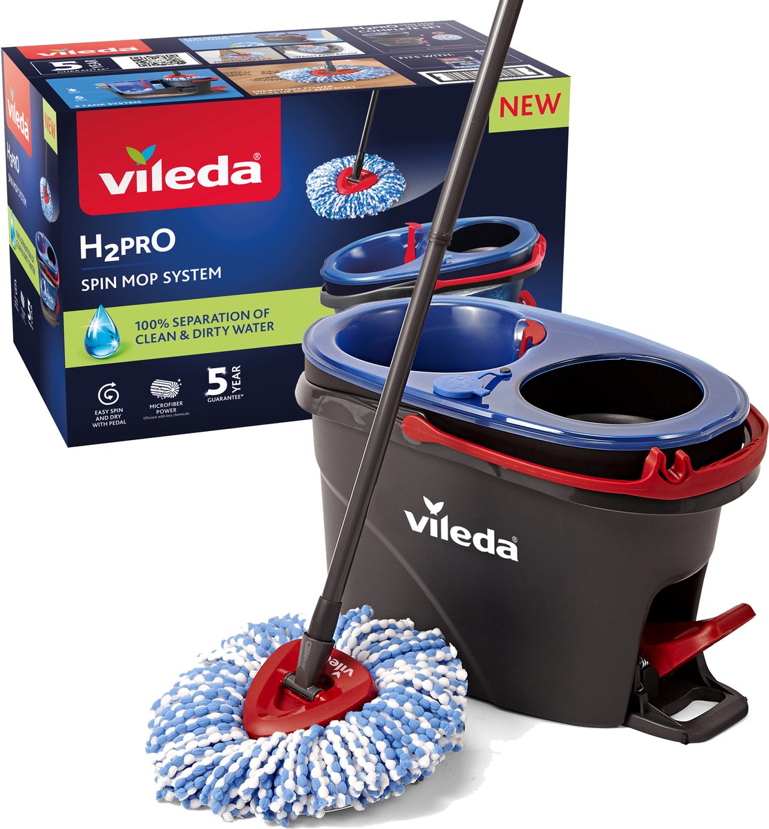 Vileda h2pro spin mop-systeem, complete set met spinmop en emmer met pedaalpers, twee gescheiden waterreservoirs, schoon water bij elke spoeling