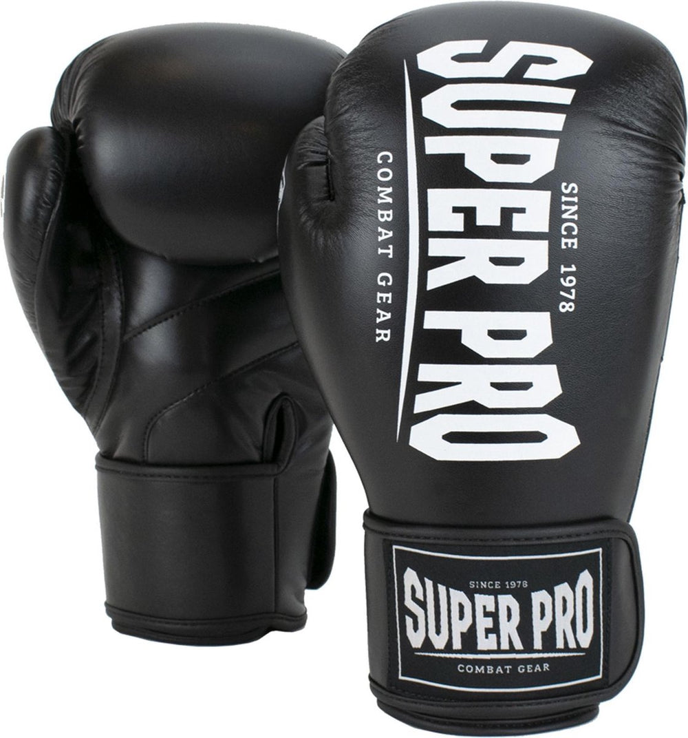 Super pro combat gear champ (kick)bokshandschoenen zwart wit 14oz