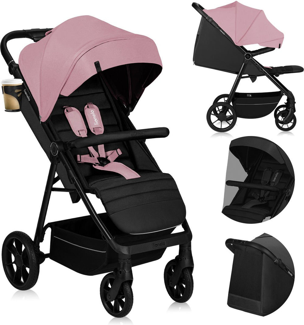 Lionelo mira - kinderwagen - wandelwagen - voor kinderen tot 22 kg - voorwielen 360° - verstelbare rugleuning handgreep - waterdichte xxl luifel met upf50+ - 5-puntsgordel - grote off-road wielen - volledige schokdemping - compact opvouwbaar