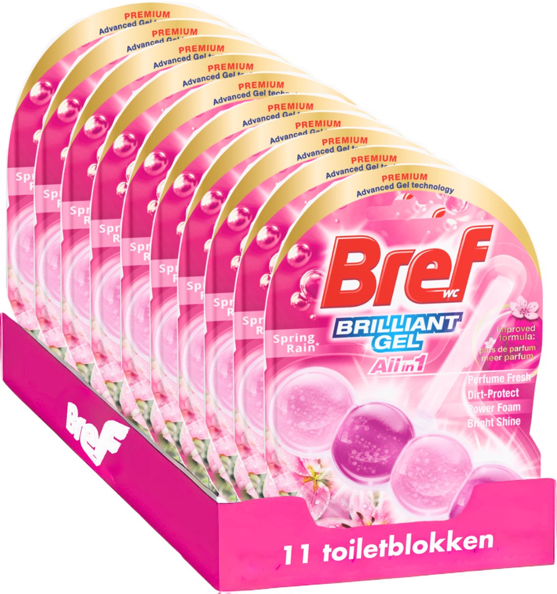 Bref - brilliant gel - spring rain - allin1 - toiletblok - stralende reiniging - langdurige frisheid - voordeelverpakking - 11 stuks