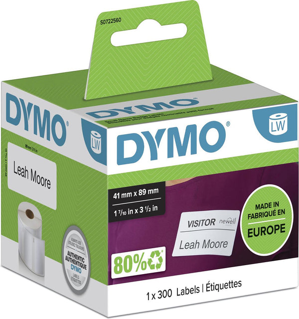 Dymo originele labelwriter kleine naambadgelabels | 41 mm x 89 mm | zelfklevend | rol van 300 gemakkelijk te verwijderen labels | voor de labelwriter labelprinters | gemaakt in europa
