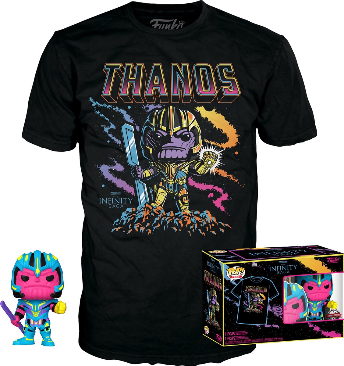 Marvel funko the avengers verzamelfiguur tshirt set -s- pop! tee box thanos blacklight zwart