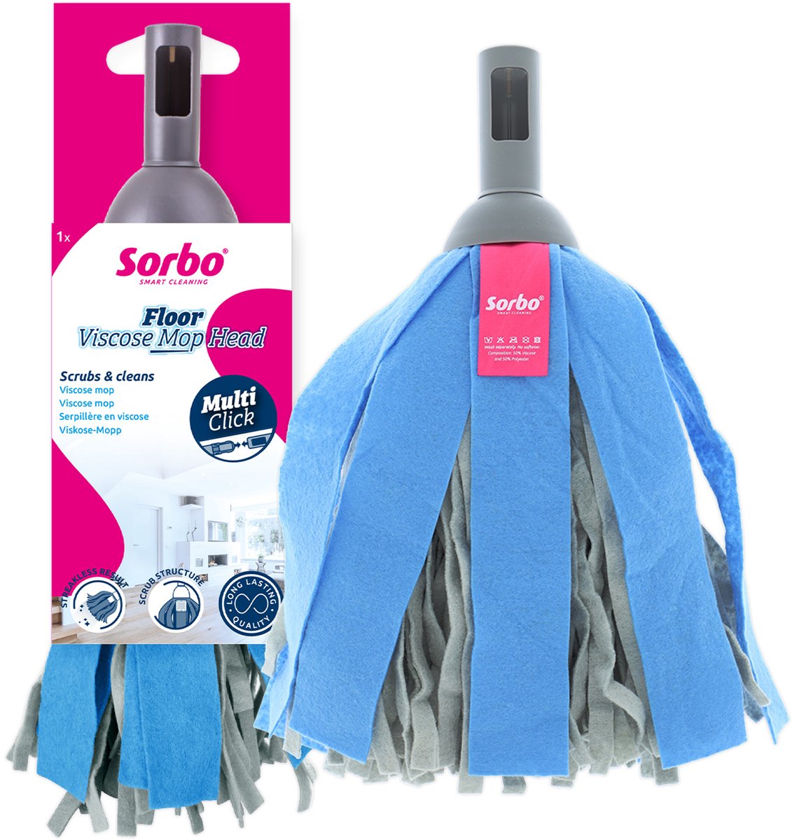 Sorbo floor viscose mop head - viscose dweilkop met scrubvlak - pluisvrij - multi-click lijn