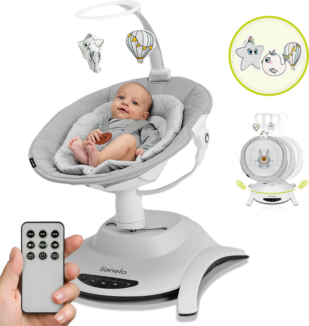 Lionelo bella wipstoel 3in1 – elektrisch 360° draaibare zitting – 6 schommelstanden – 5 snelheden – rugleuning verstelbaar – melodieën – bewegingssensor – bamboekussen – speelboog – afstandsbediening – en12790