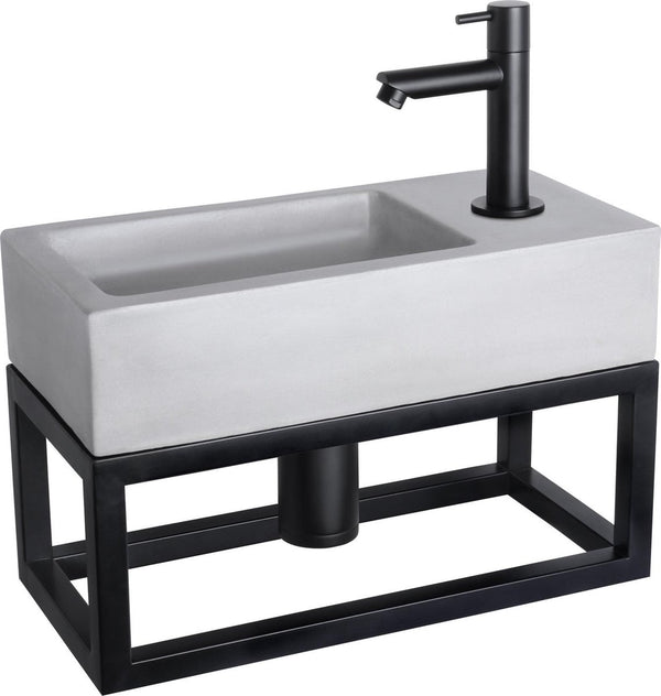 Differnz ravo fonteinset - 38.5x18.5x25cm - rechthoek - 1 kraangat - recht matte zwarte kraan - met zwart frame - beton lichtgrijs