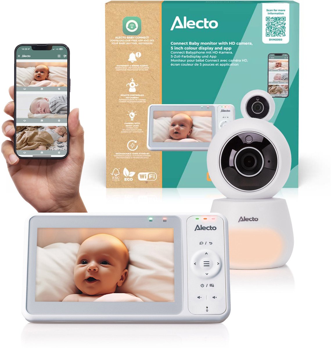 Alecto dvm2060 dual mode babyfoon met camera app - 5″ hd scherm - full hd 1080p - pan tilt - nachtzicht - terugspreken - uitbreidbaar tot 4 camera’s - wit