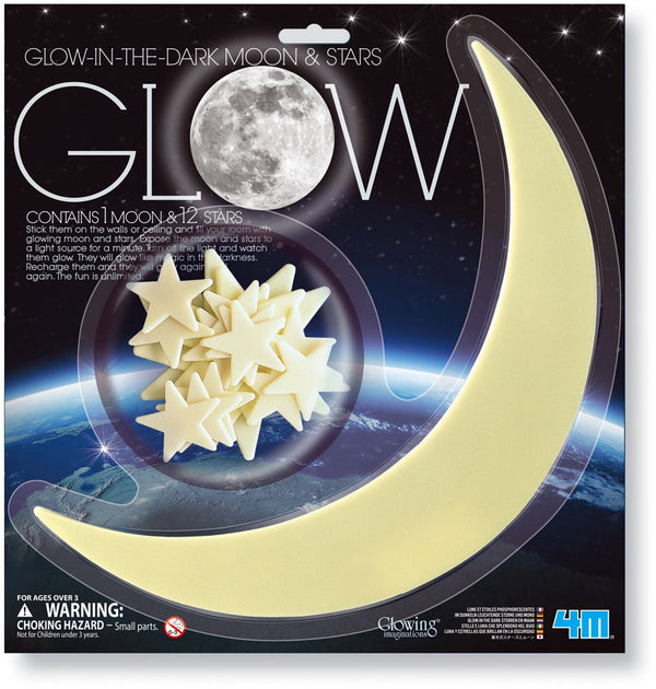 4m glow in the dark stickers - maan en sterren - 12 sterren - 3 formaten - muurdecoratie kids - 3 jaar