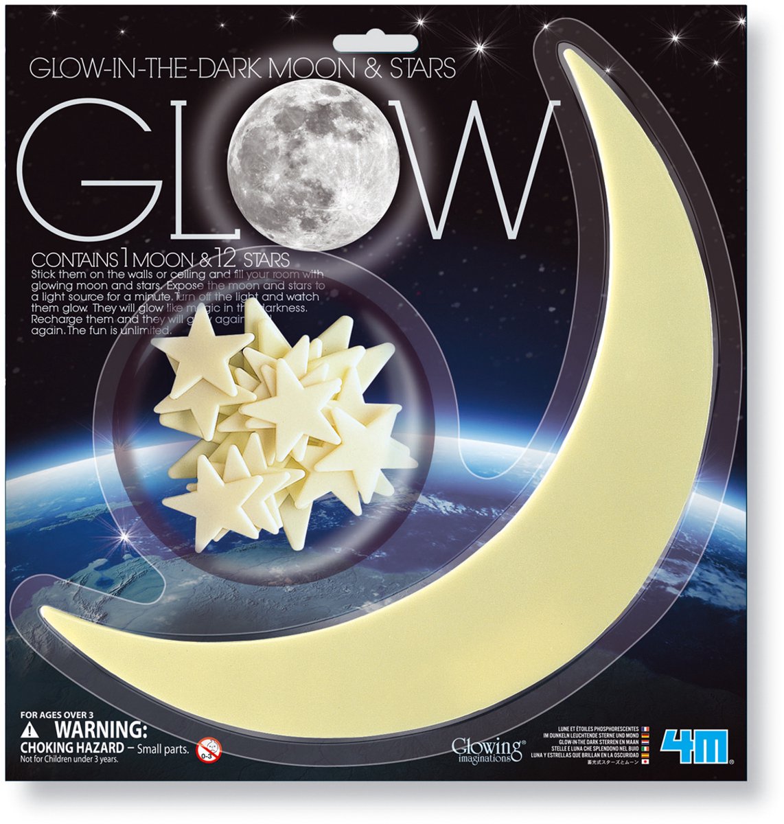 4m glow in the dark stickers - maan en sterren - 12 sterren - 3 formaten - muurdecoratie kids - 3+