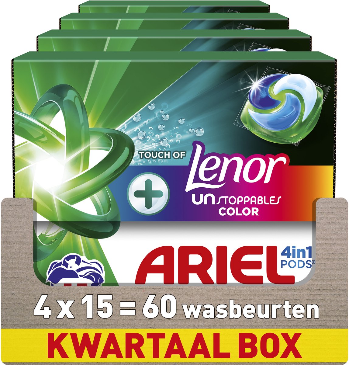 Ariel 4in1 wasmiddel pods +touch van lenor unstoppables kleur - 4 x 15 wasbeurten