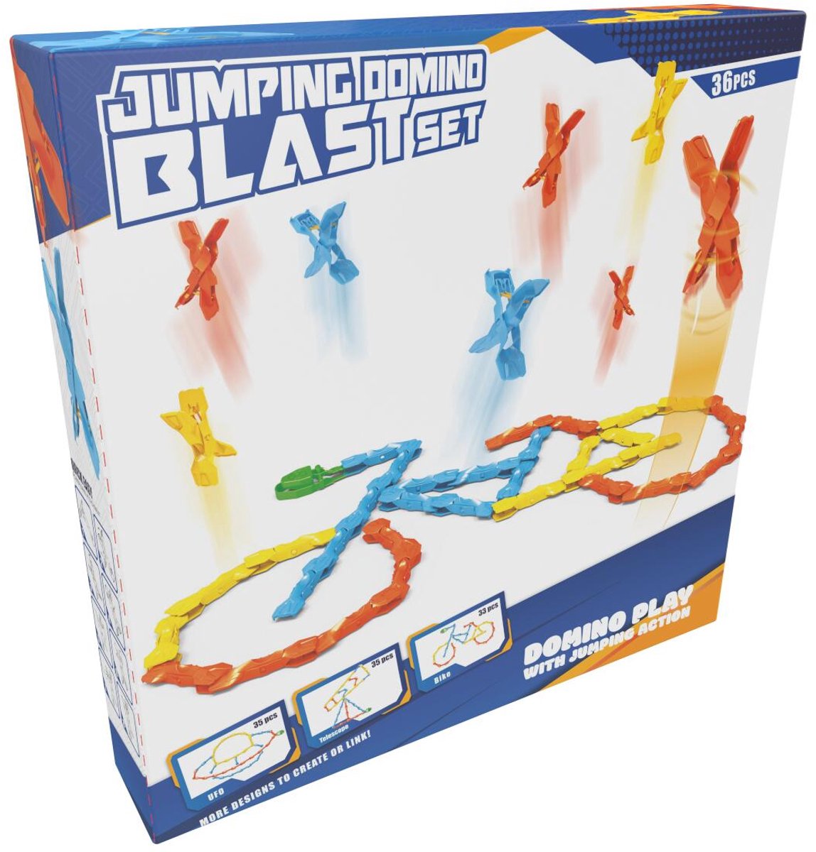 Eddy toys jumping domino blast set 36 stuks - domino spel kinderen met pop-up effect - springende domino set met actie - domino stunt set interactieve domino baan - kleurrijk bouwplezier