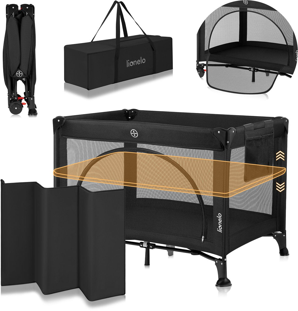 Lionelo laura - compact 3 in 1 campingbedje, box babybed - lichtgewicht - 2 hoogtes - wielen met rem - gaas zijpanelen peuter ingang - inclusief draagtas opbergzak - reisbedje
