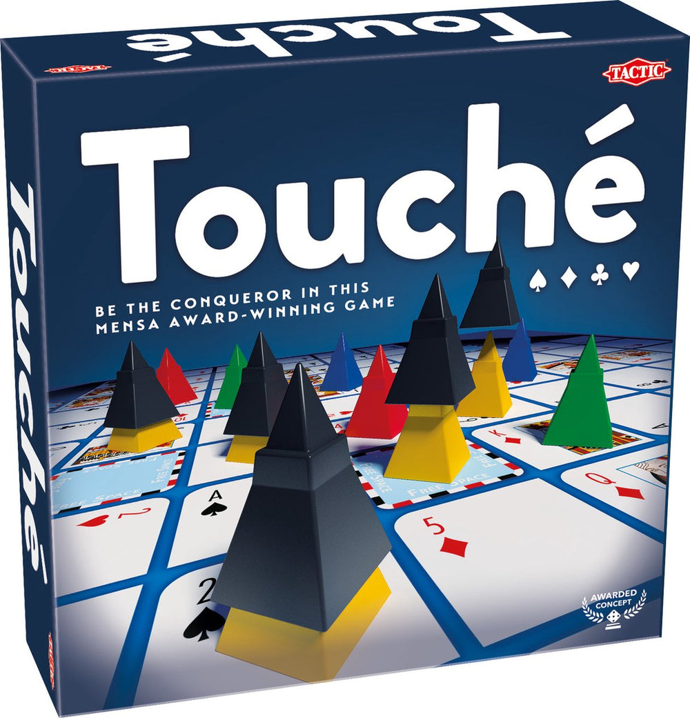 Tactic touché – bordspel – tactisch kaartspel – strategisch pionnen en kaarten spel – plaats pionnen, blokkeer tegenstanders en scoor patronen – familiespel – winnaar mensa select-prijs – bekroond spel – 2 tot 4 spelers – vanaf 8 jaar