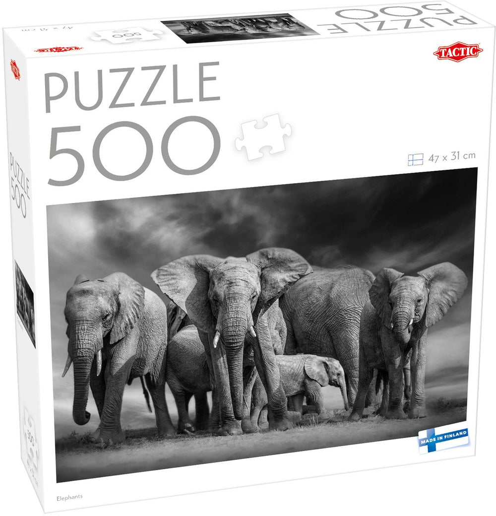 Tactic elephants – puzzel – 500 stukjes – olifanten in afrikaanse savanne – wilde dieren en natuur – hoogwaardige scandinavische kwaliteit