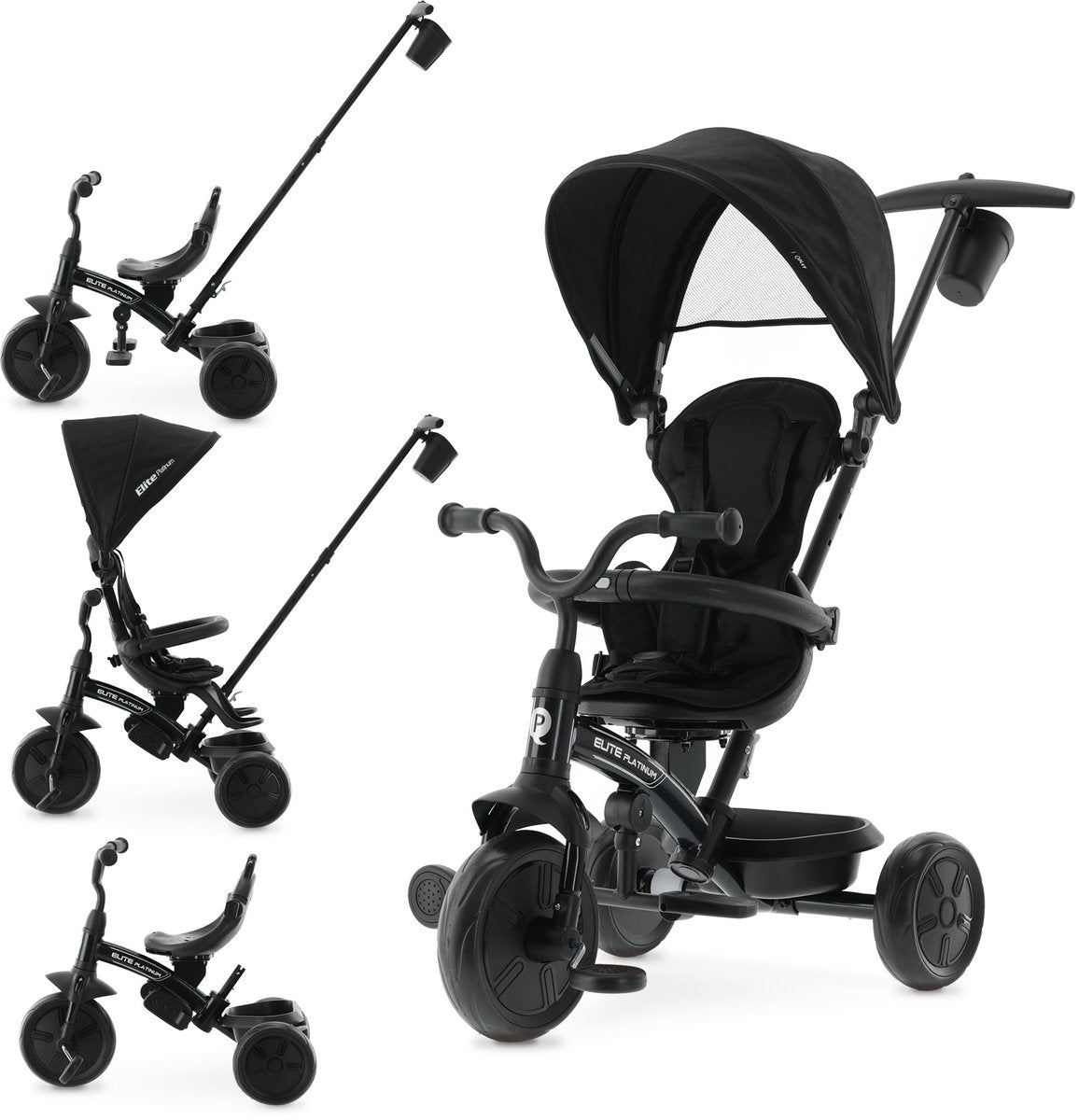 Qplay elite platinum driewieler met duwstang 6 in 1 - zwart