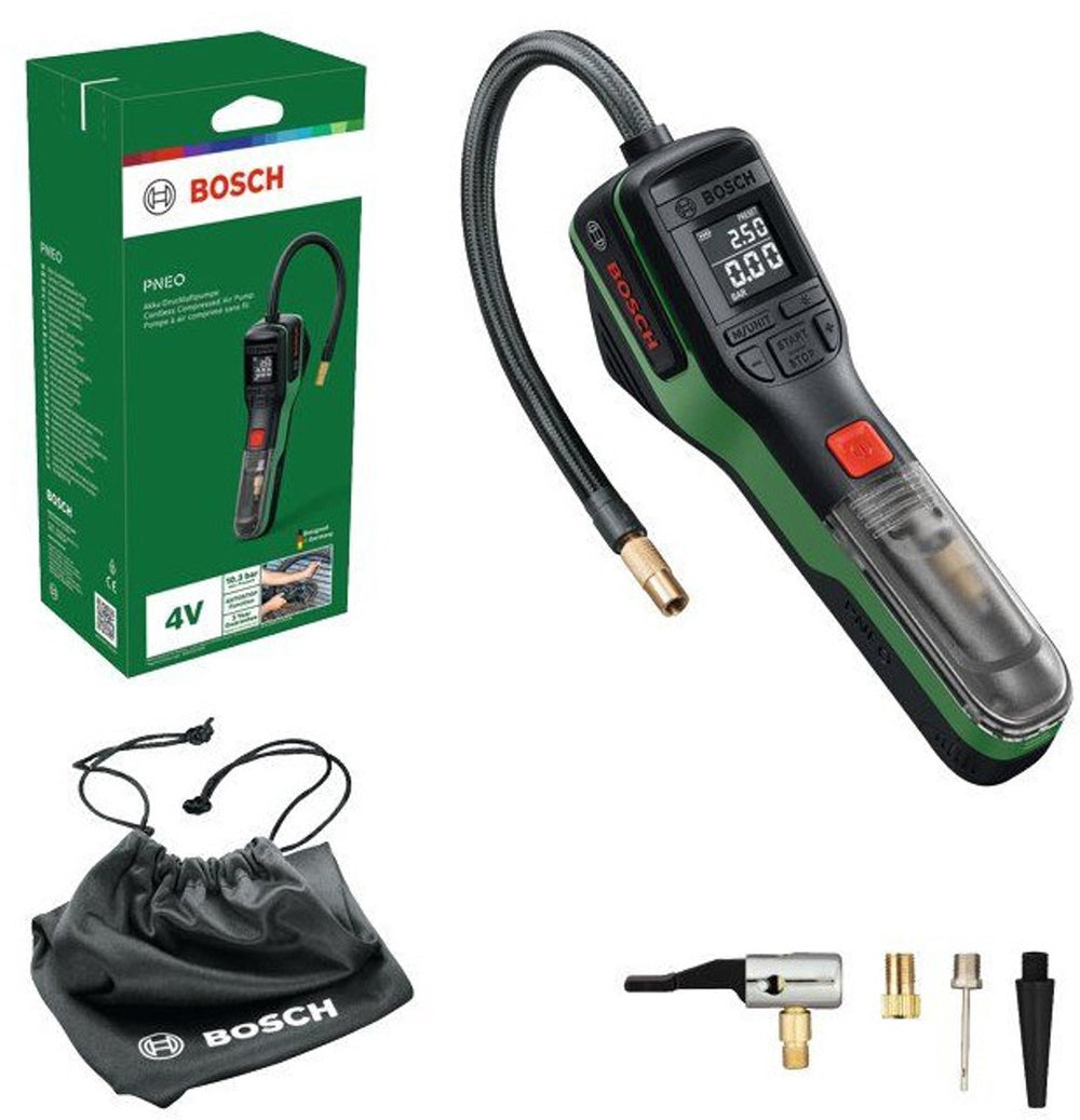 Bosch groen pneo 4v accu pomp (1x compact power 4v accu 3,0 ah, 1x snelkoppelingadapter, 1x ballennaaldadapter, 1x prestaventieladapter, 1x ballonadapter, 1x stoffen tas) - 0603947500
